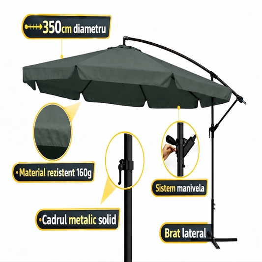 Umbrela terasa aluminiu 350 cm, reglabila, rotire 360°, manivela, verde
