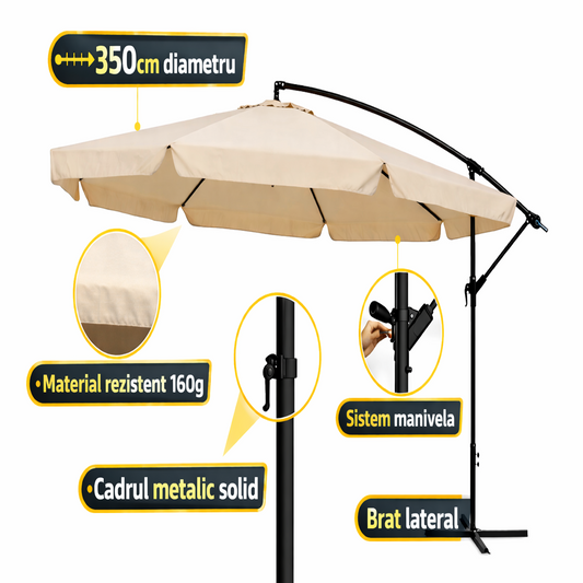 Umbrela terasa aluminiu 350 cm, reglabila, rotire 360°, manivela, bej