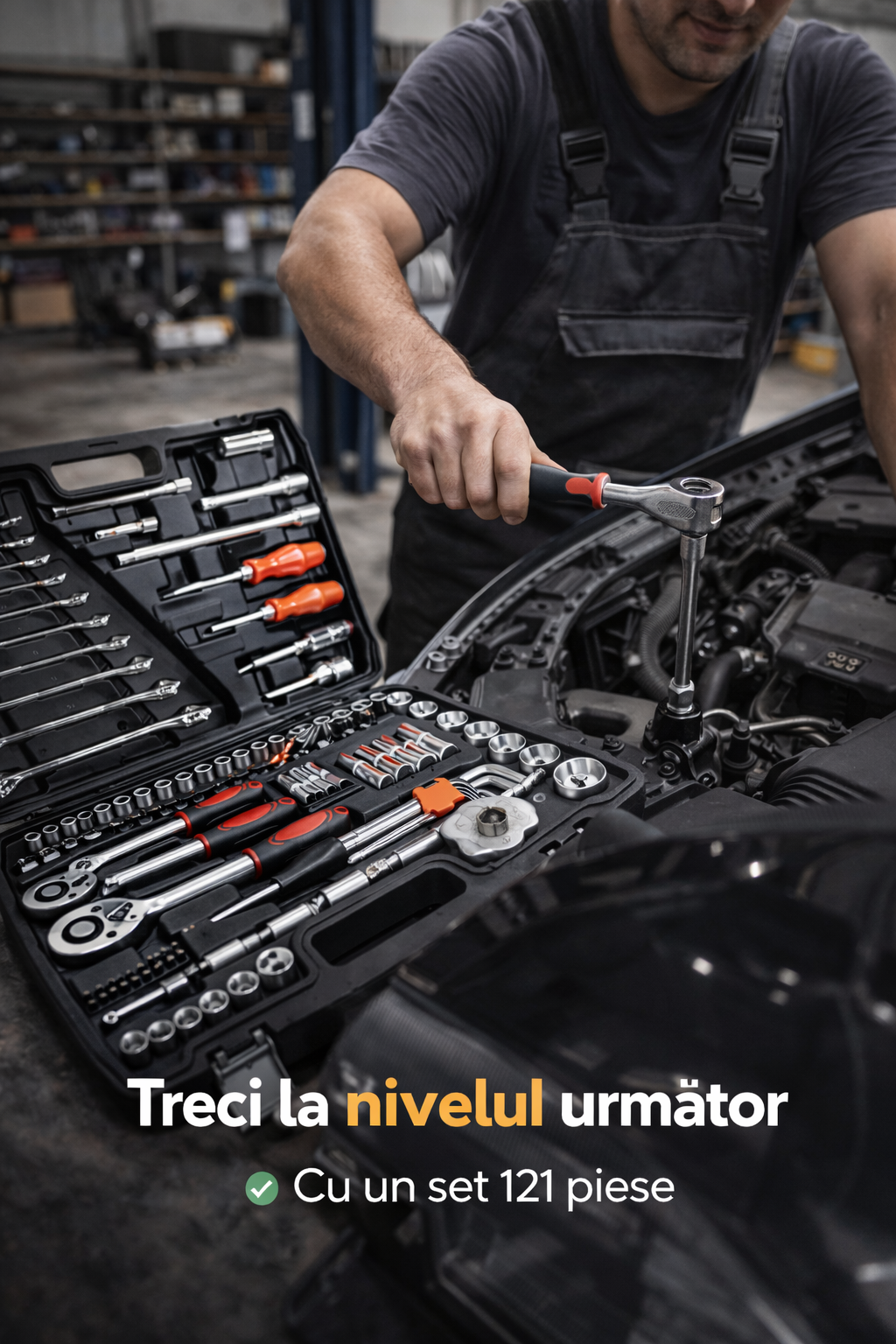 Trusa Scule Profesionala 121 Piese, 1/4" 3/8" 1/2", Chei Tubulare si Clicheti
