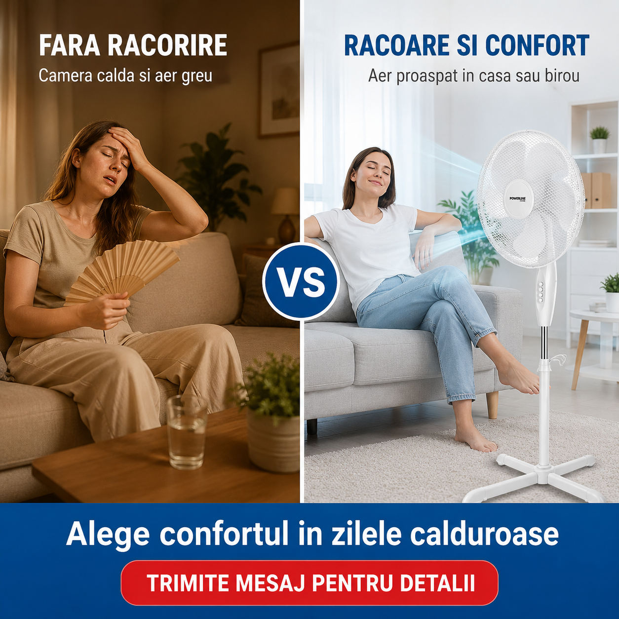 Ventilator cu Picior Powerline Home 45W, 40 cm, Oscilatie 180°, Timer