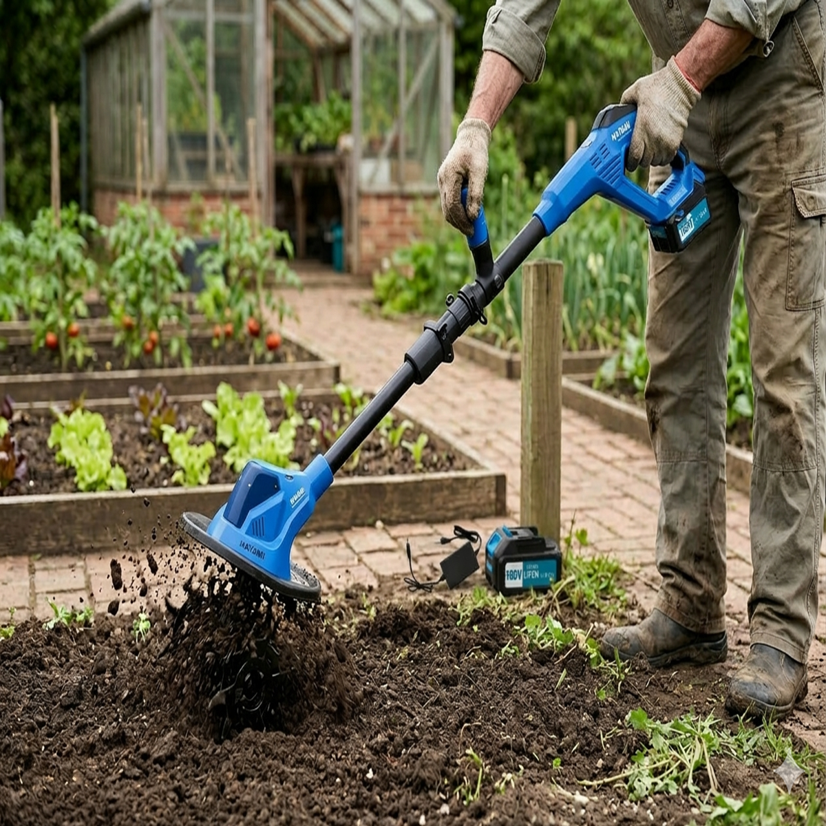 Motocultor Electric 188V cu 2 Baterii – Cultivator Gradina Fara Cablu, Usor si Eficient