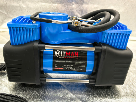Compresor Hitman auto 12V cu tehnologie dublu piston si set complet pentru repararea rotilor