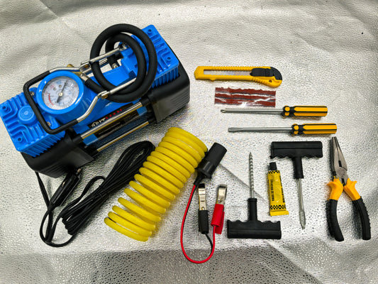 Compresor Hitman auto 12V cu tehnologie dublu piston si set complet pentru repararea rotilor