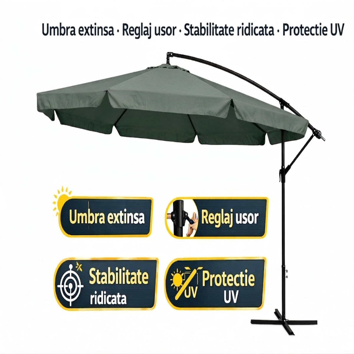 Umbrela terasa aluminiu 350 cm, reglabila, rotire 360°, manivela, verde