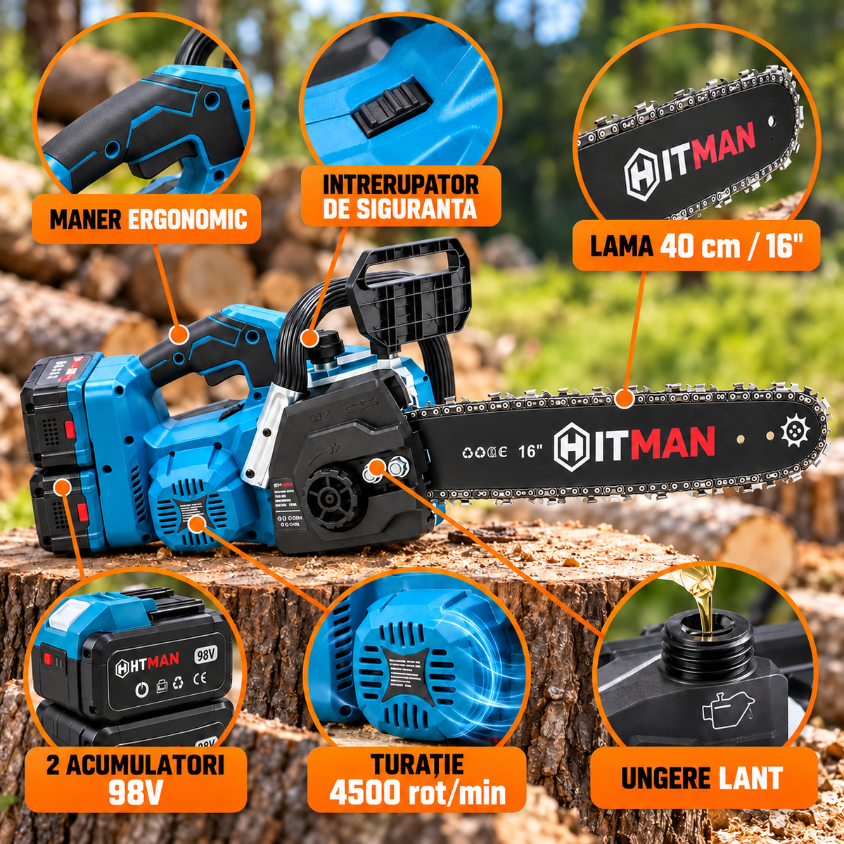 Fierastrau cu lant pe acumulator 98V, 2 baterii, lama 40 cm