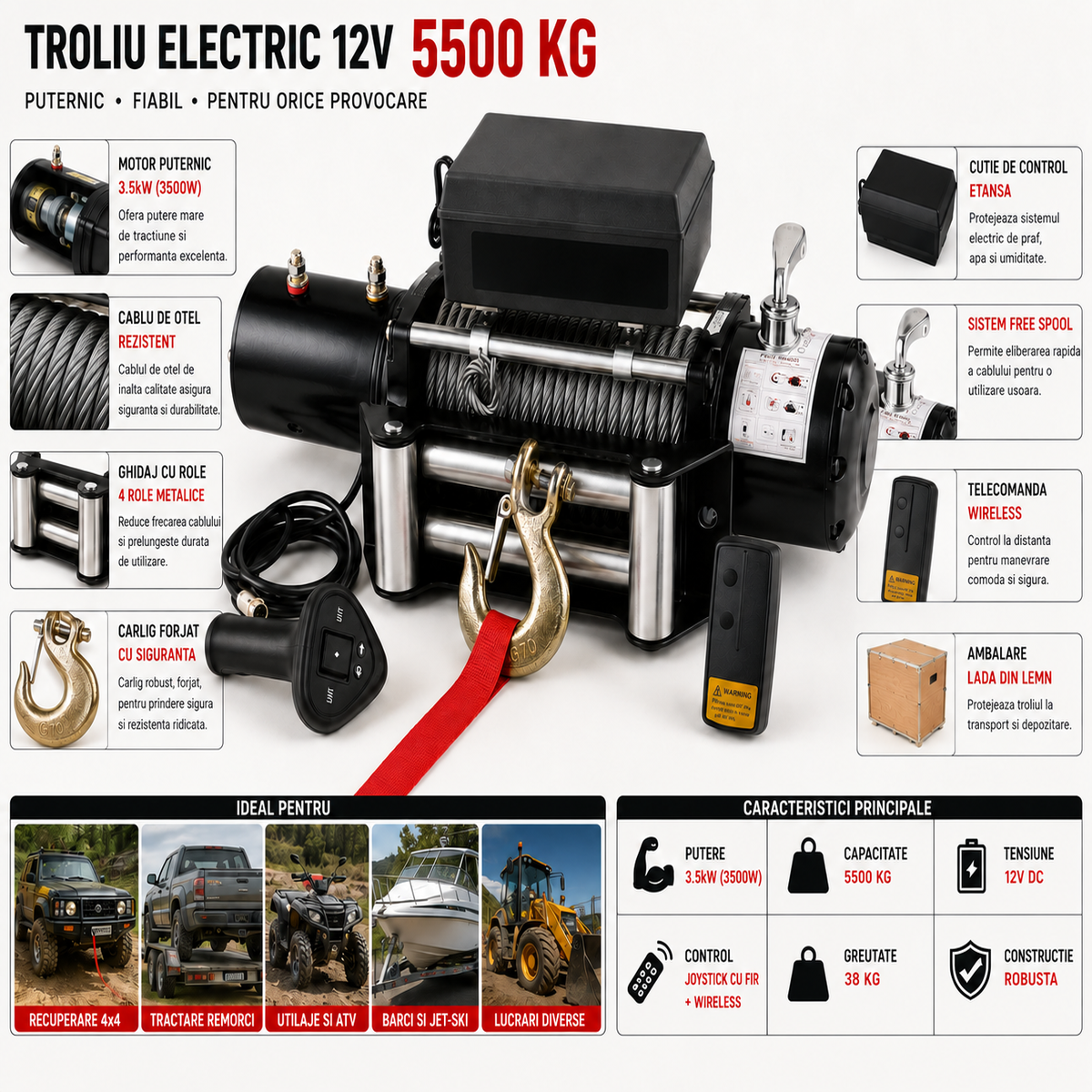 Troliu Auto Electric 12V, 5500 kg, 3500W, cu Telecomanda Wireless