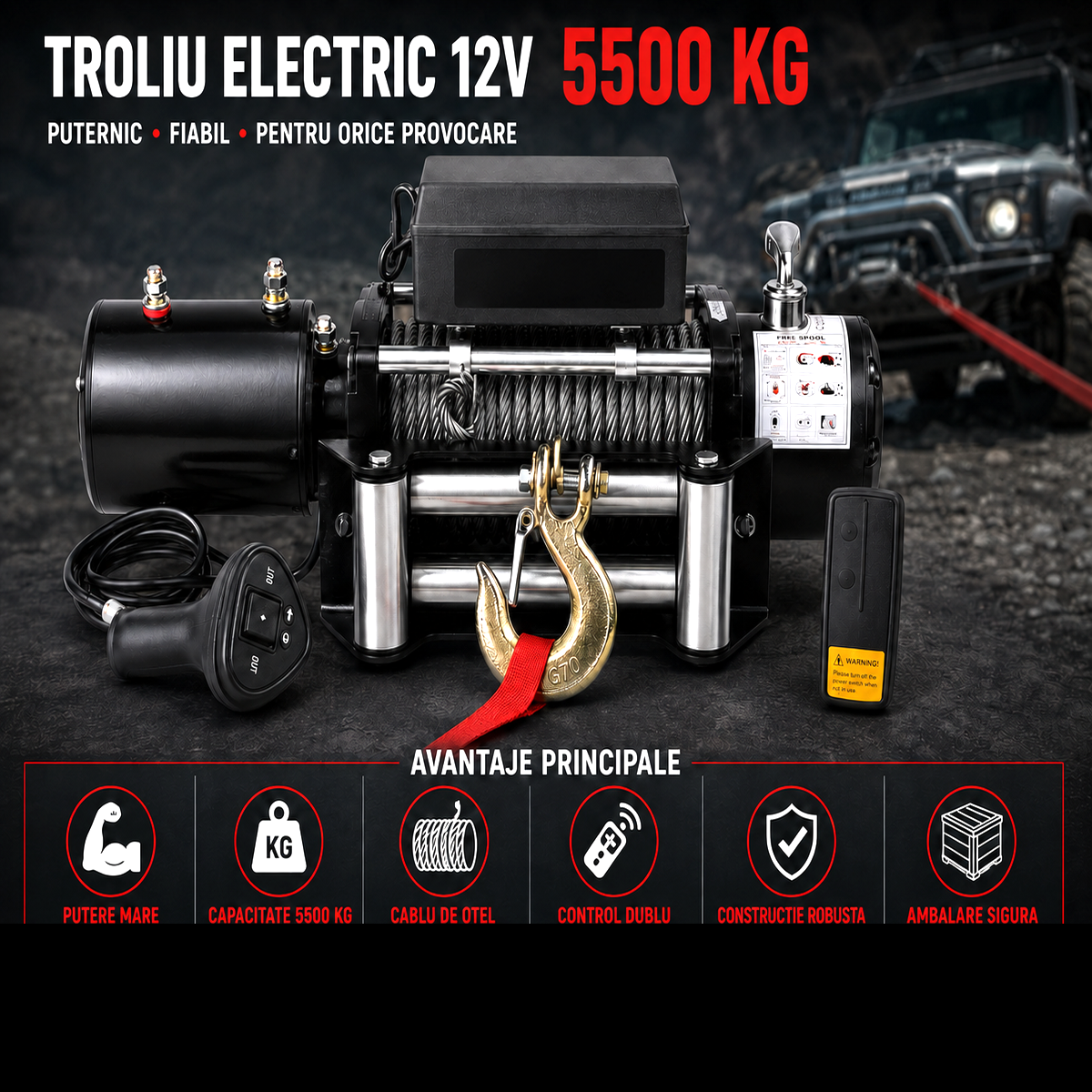 Troliu Auto Electric 12V, 5500 kg, 3500W, cu Telecomanda Wireless