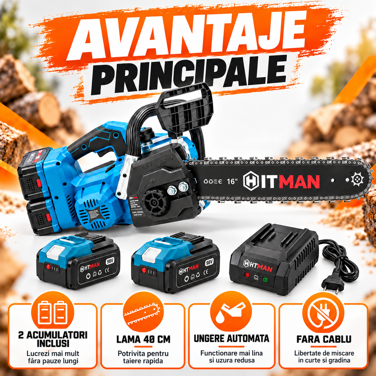 Fierastrau cu lant pe acumulator 98V, 2 baterii, lama 40 cm