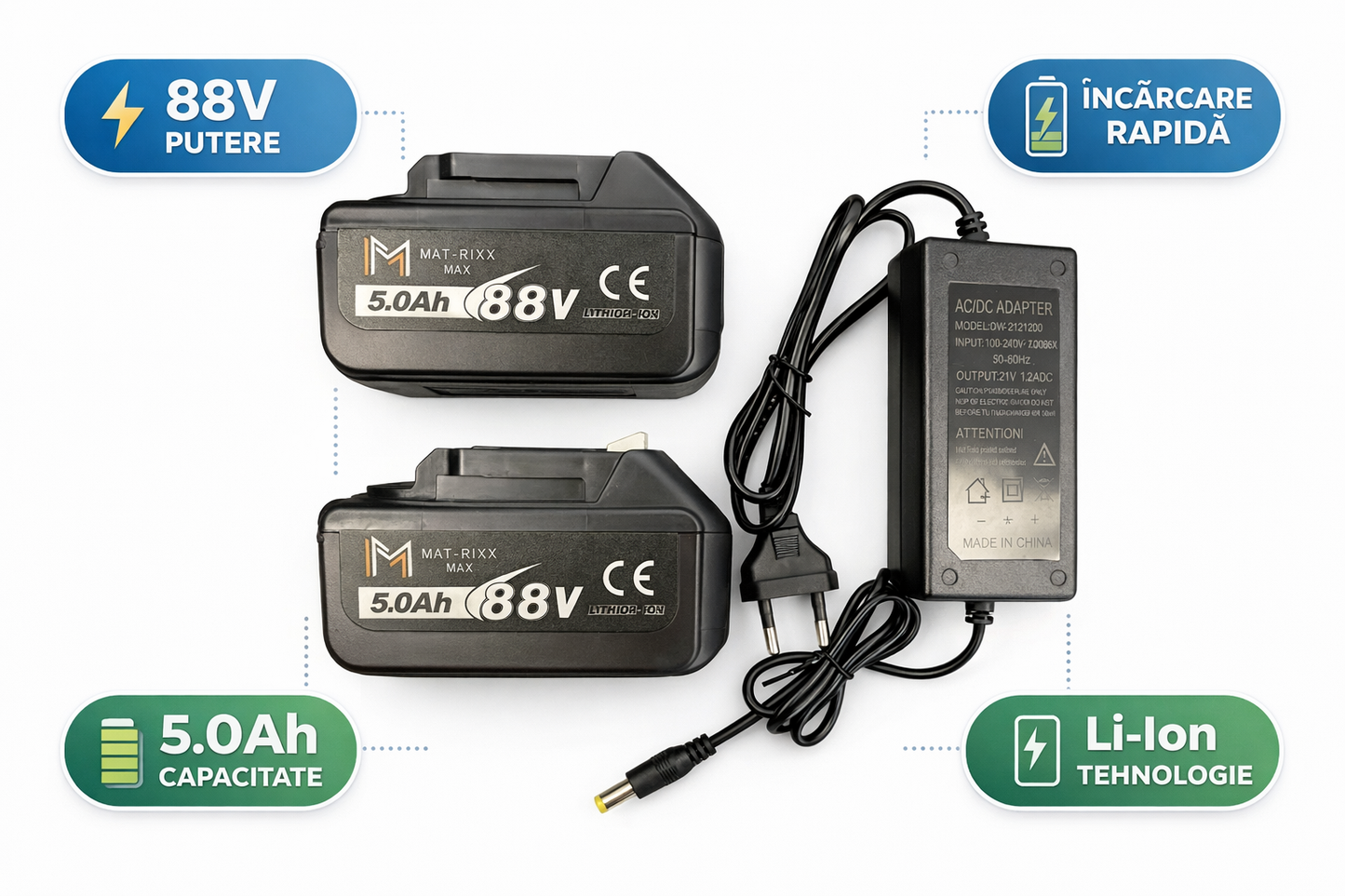 Set 2 Baterii Matrixx 88V 5.0Ah + Incarcator, Acumulatori Li-Ion pentru Scule Electrice