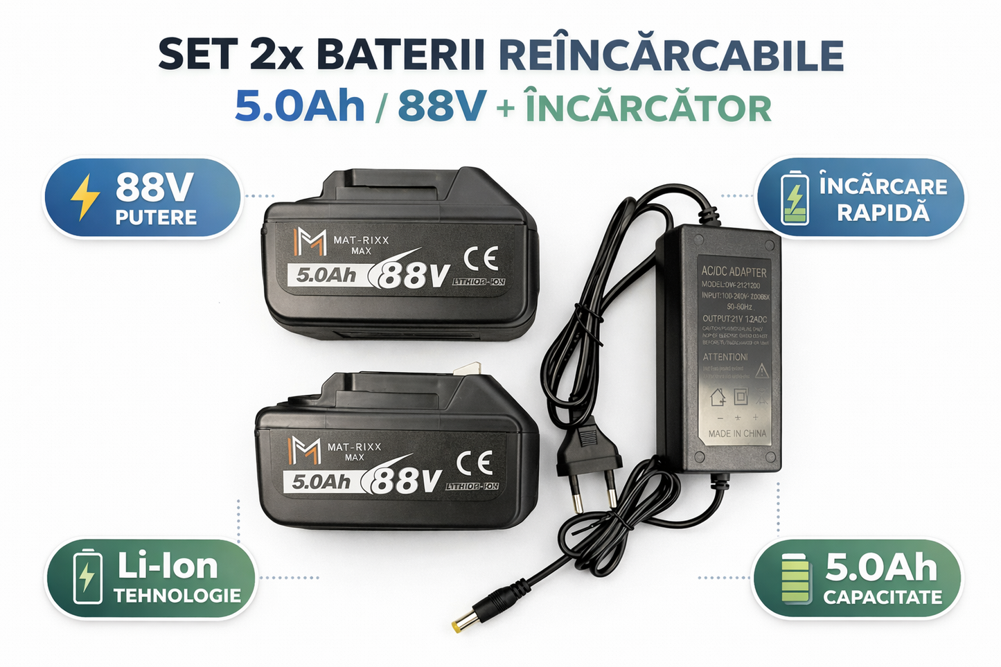 Set 2 Baterii Matrixx 88V 5.0Ah + Incarcator, Acumulatori Li-Ion pentru Scule Electrice