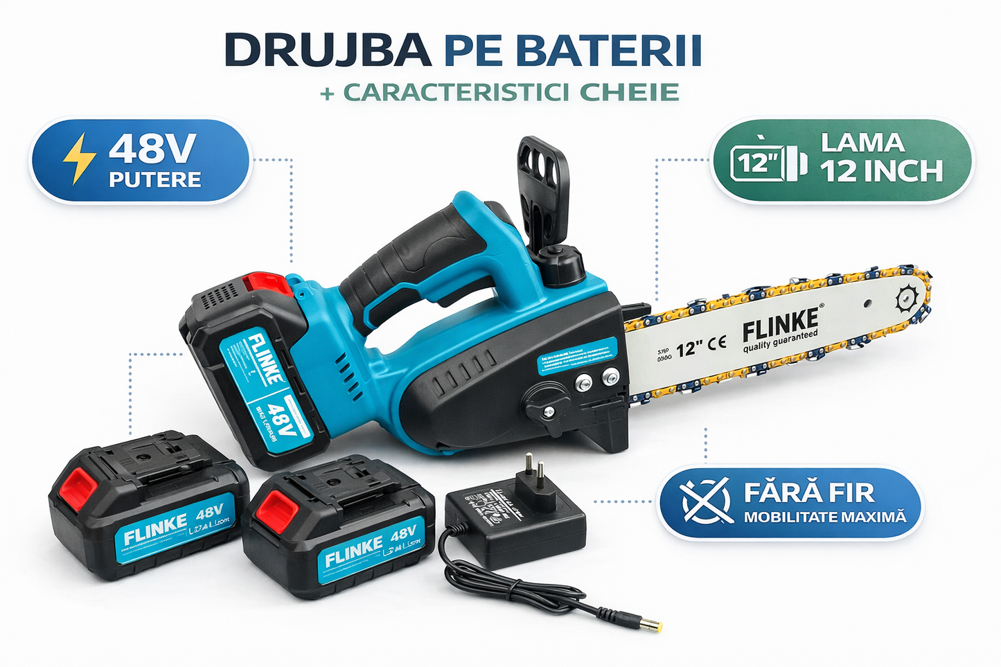 Drujba Electrica Flinke 48V, Lama 12 Inch, 2 Acumulatori Inclusi
