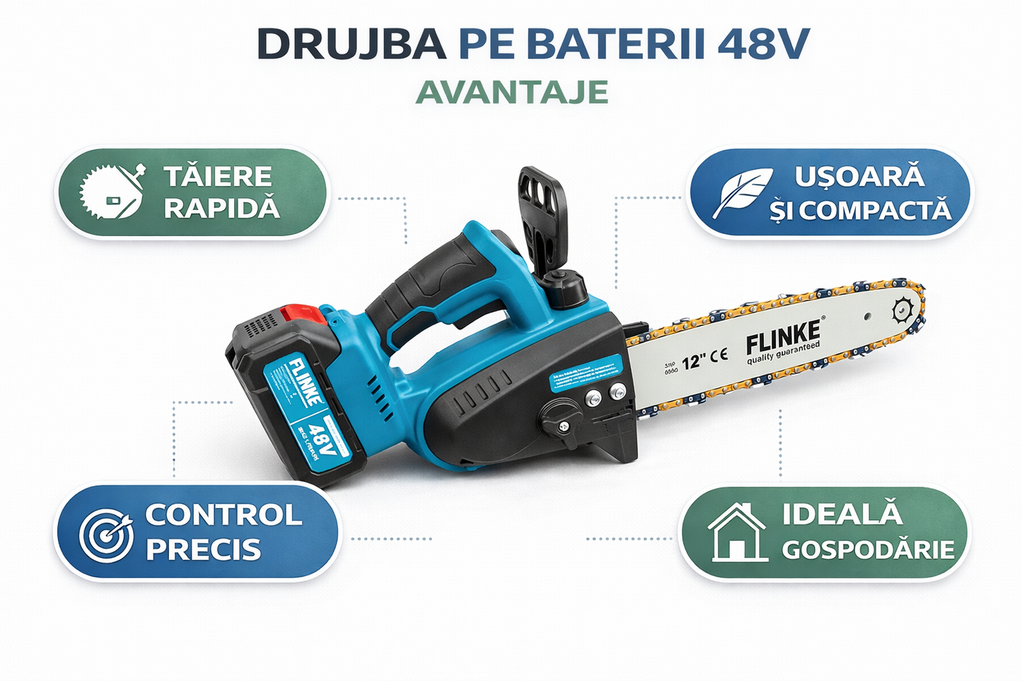 Drujba Electrica Flinke 48V, Lama 12 Inch, 2 Acumulatori Inclusi