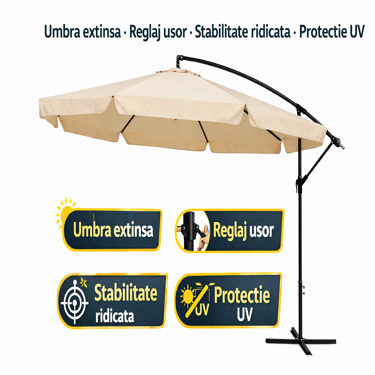 Umbrela terasa aluminiu 350 cm, reglabila, rotire 360°, manivela, bej