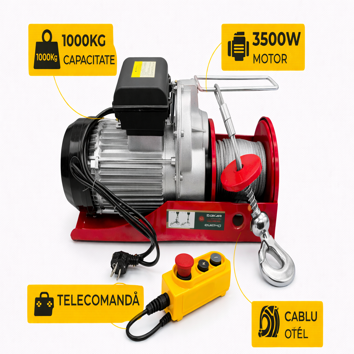 Troliu Electric HAINA 500/1000kg, 3500W, cu Telecomanda, Macara Profesionala