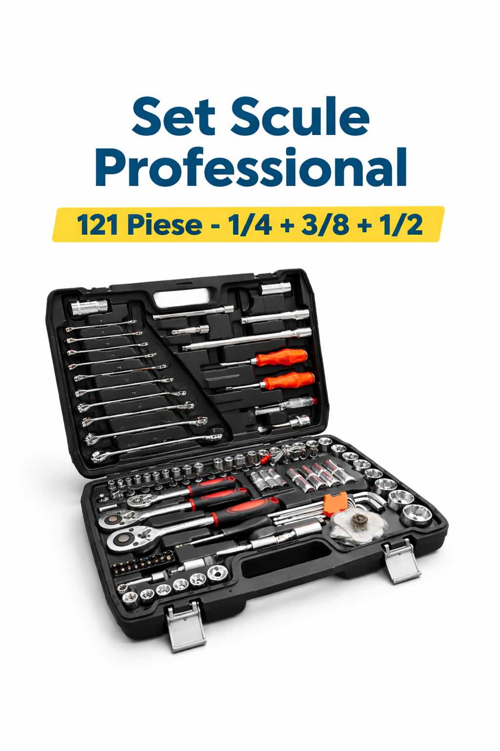 Trusa Scule Profesionala 121 Piese, 1/4" 3/8" 1/2", Chei Tubulare si Clicheti