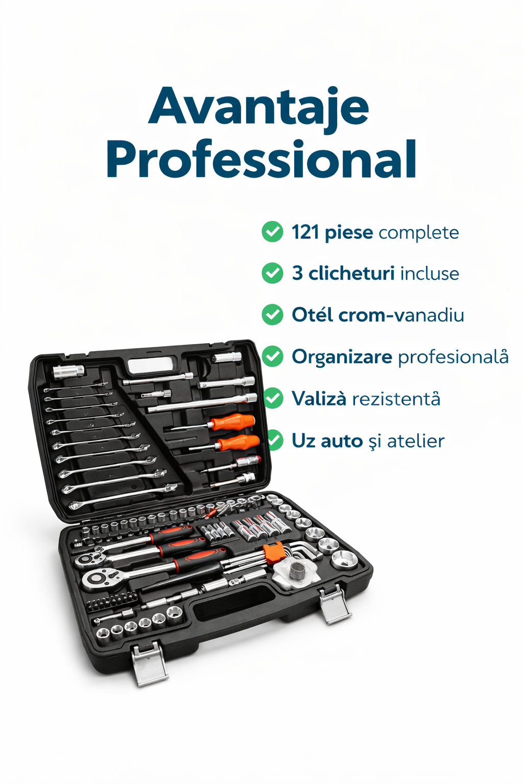 Trusa Scule Profesionala 121 Piese, 1/4" 3/8" 1/2", Chei Tubulare si Clicheti