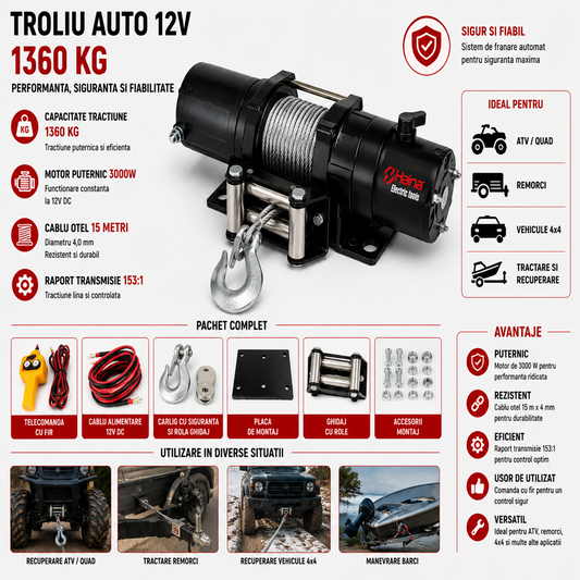 Troliu Auto Electric 12V 1360kg 3000W cu Cablu 15m