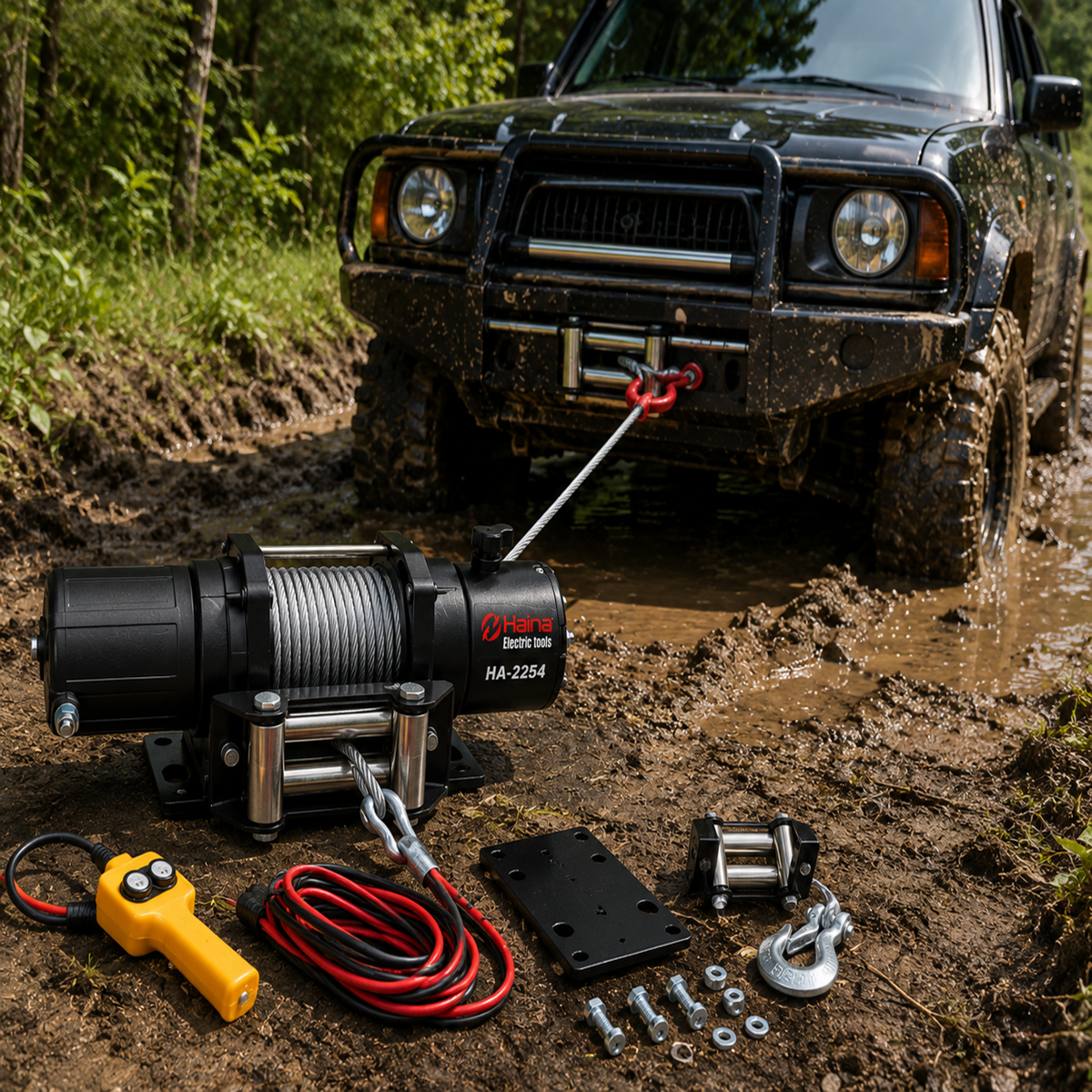 Troliu Auto Electric 12V 1360kg 3000W cu Cablu 15m