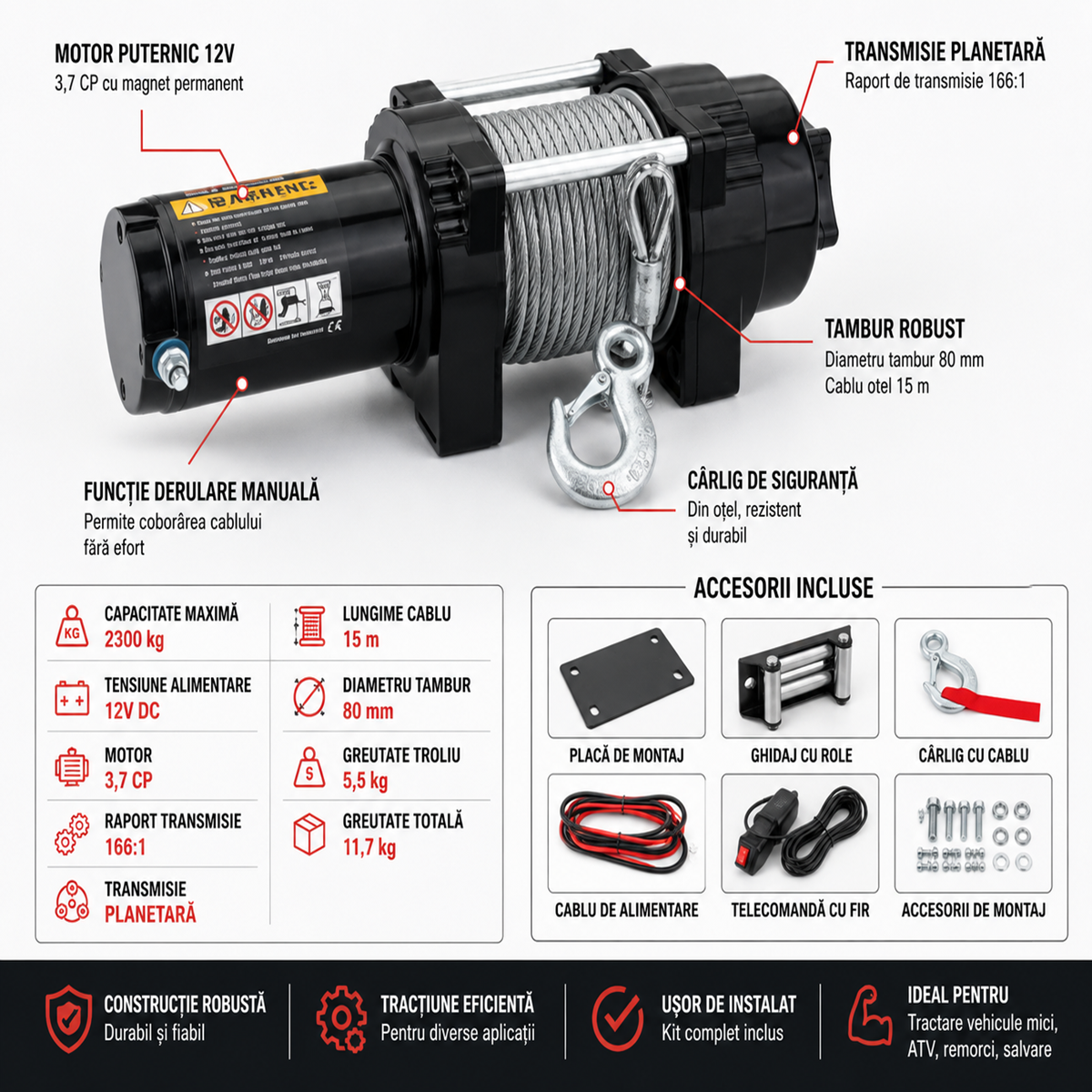 Troliu electric 12V, 2300 kg, cablu 15 m, placa montaj si telecomanda