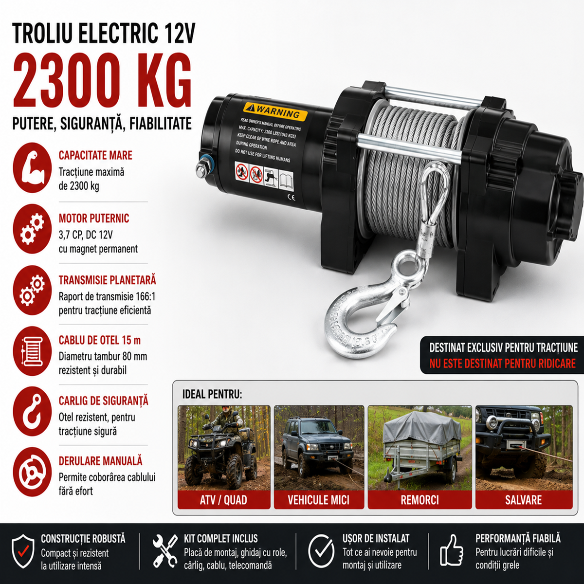 Troliu electric 12V, 2300 kg, cablu 15 m, placa montaj si telecomanda
