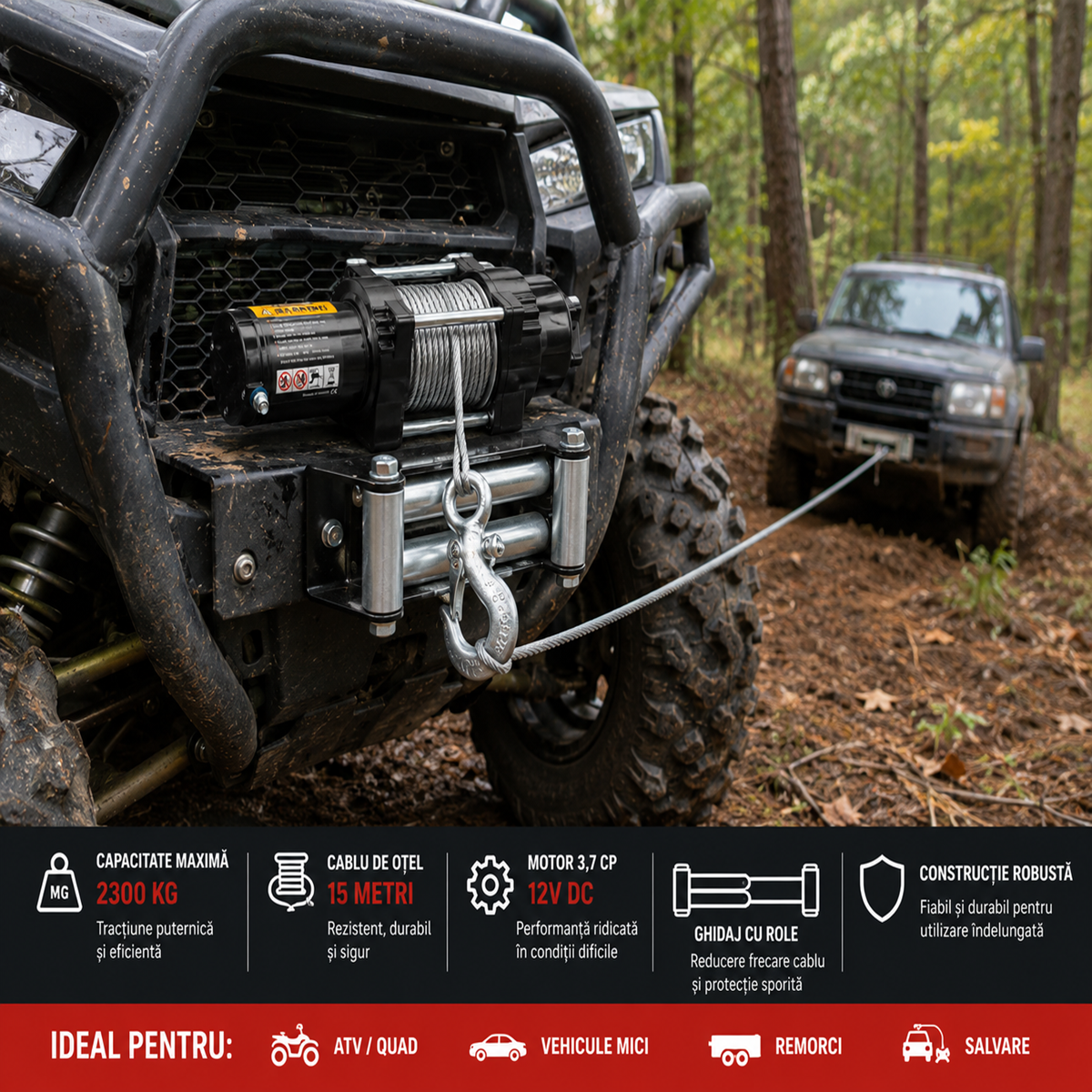 Troliu electric 12V, 2300 kg, cablu 15 m, placa montaj si telecomanda