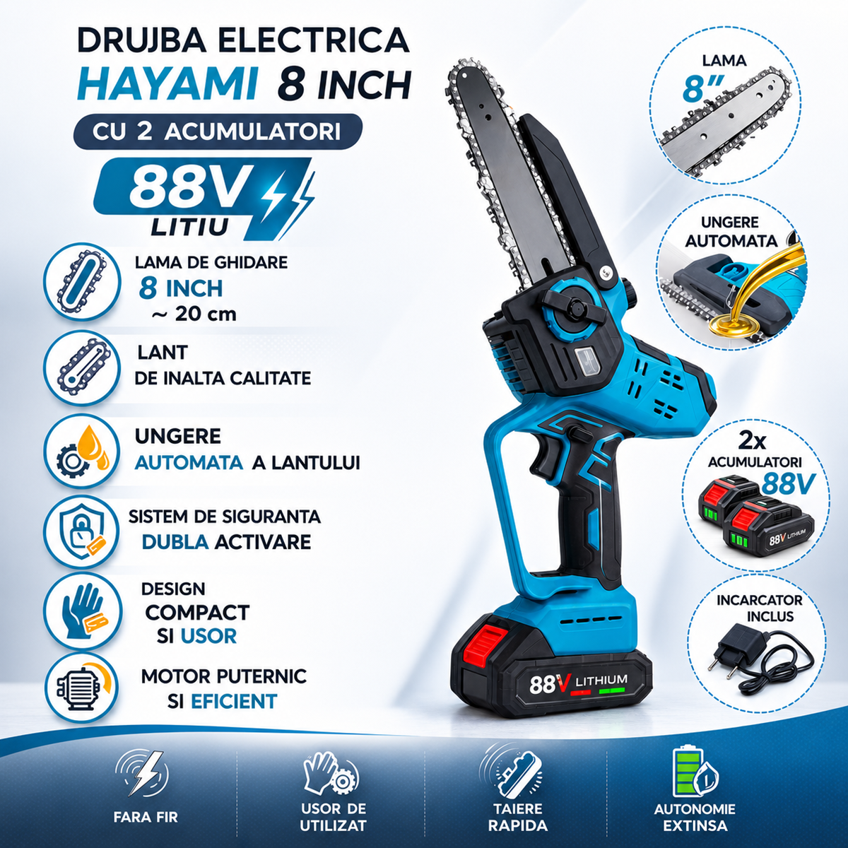 Drujba Electrica 8 Inch cu 2 Acumulatori 88V – Usoara, Fara Fir, Taiere Rapida