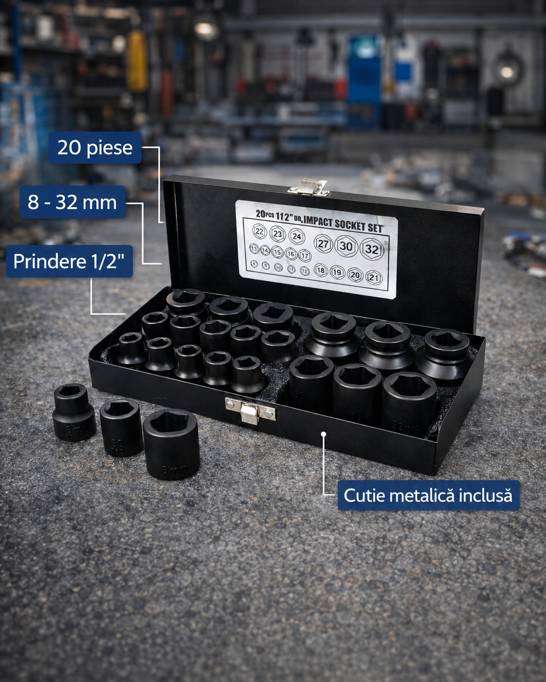 Set tubulare impact scurte, 1/2, 20 piese, otel forjat, hexagonale