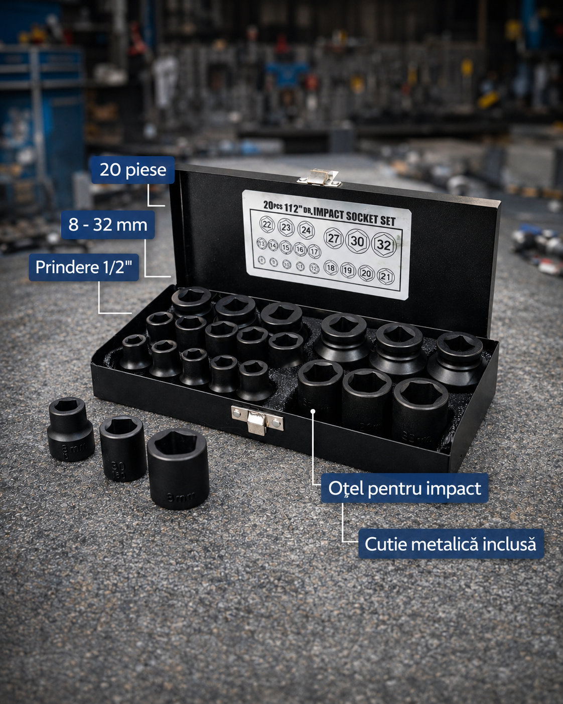 Set tubulare impact scurte, 1/2, 20 piese, otel forjat, hexagonale