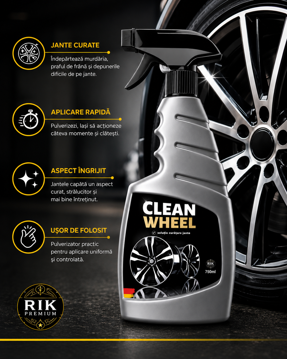 Solutie Curatare Jante RIK Premium Clean Wheel 750ml cu Pulverizator