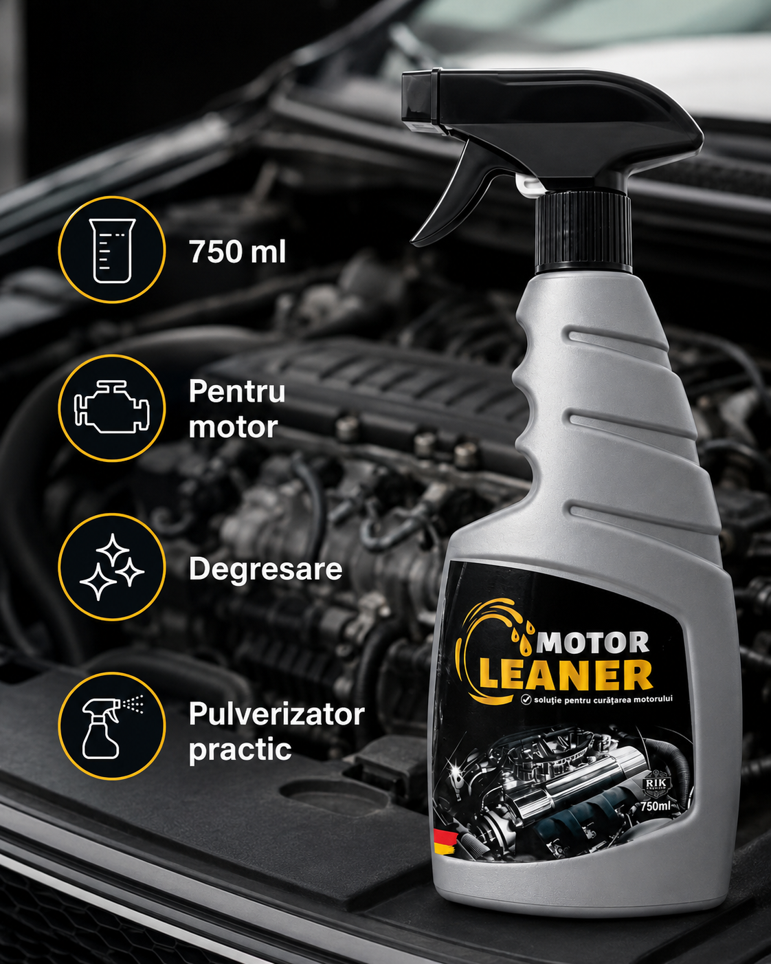 Solutie Curatare si Degresare Motor RIK Premium 750ml cu Pulverizator