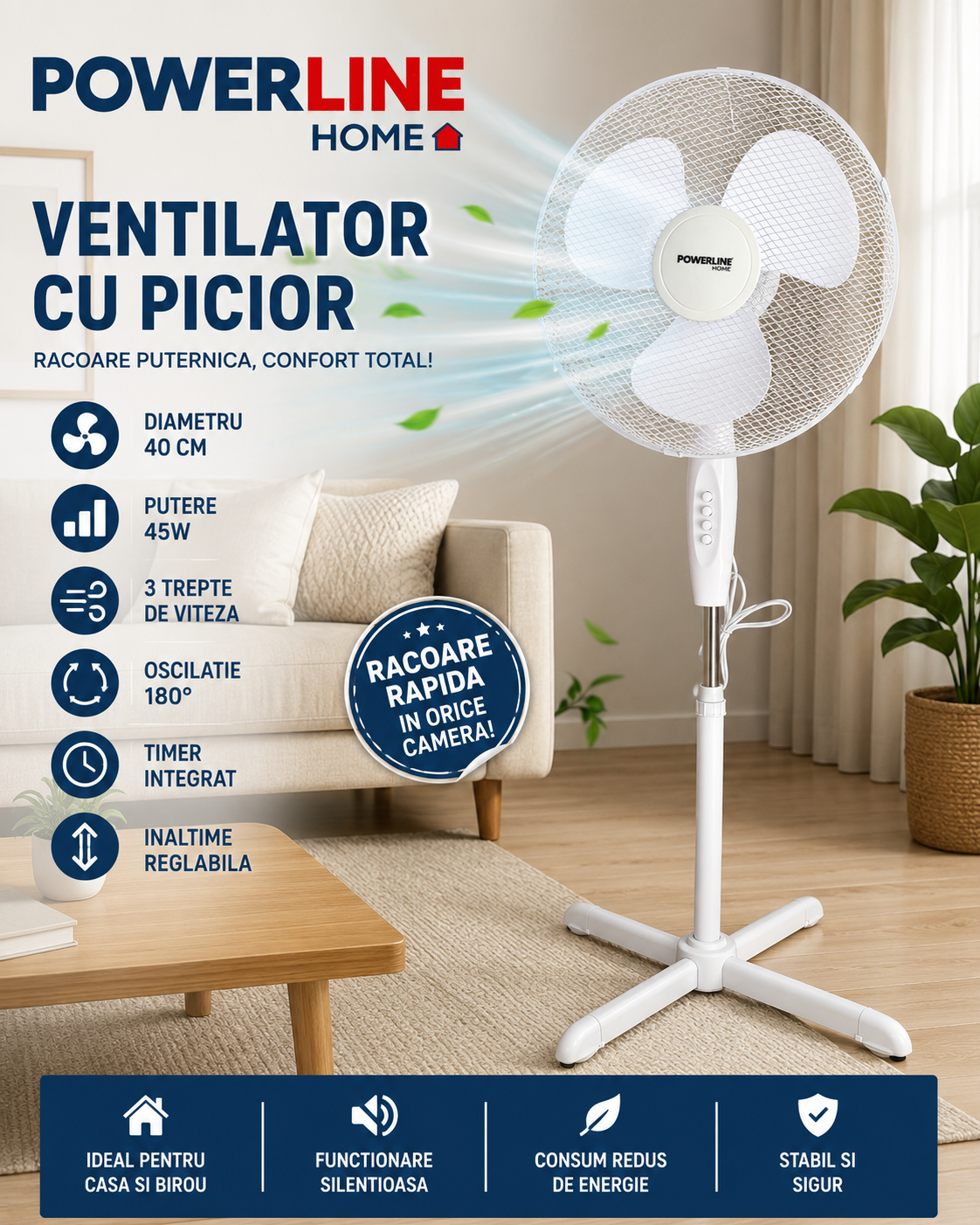 Ventilator cu Picior Powerline Home 45W, 40 cm, Oscilatie 180°, Timer