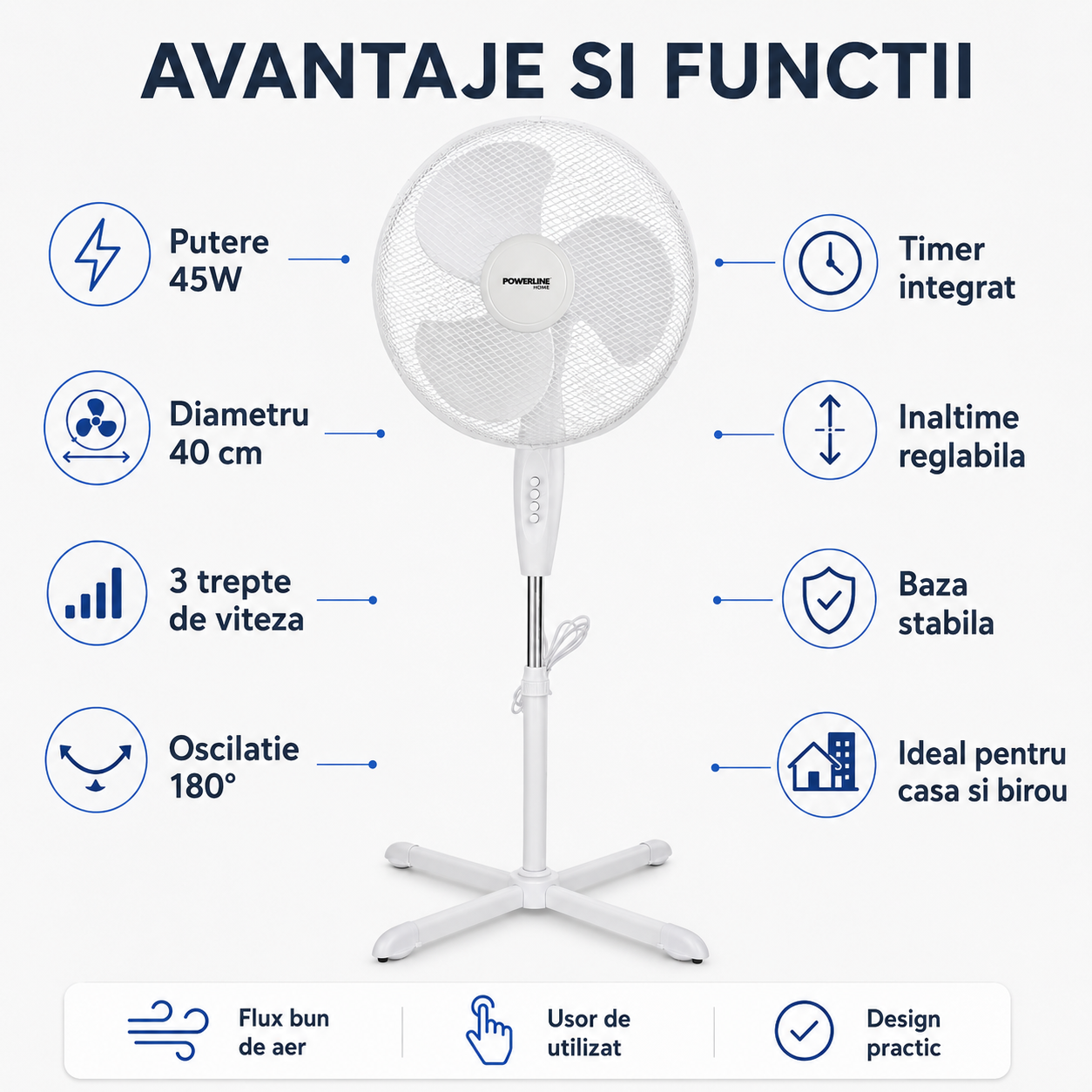Ventilator cu Picior Powerline Home 45W, 40 cm, Oscilatie 180°, Timer