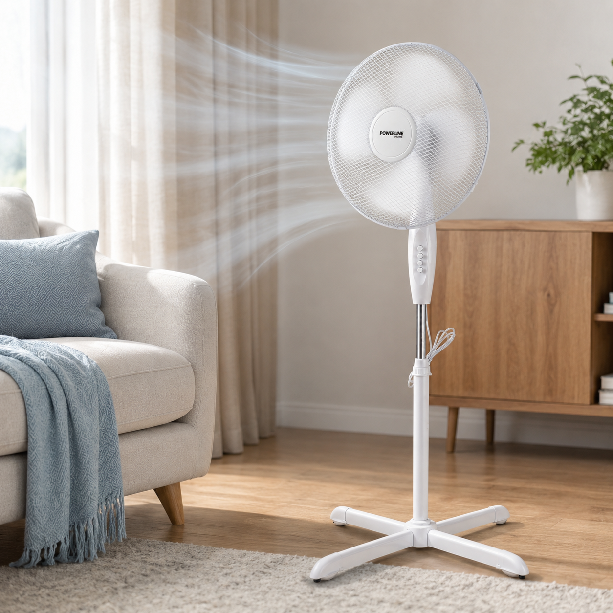 Ventilator cu Picior Powerline Home 45W, 40 cm, Oscilatie 180°, Timer