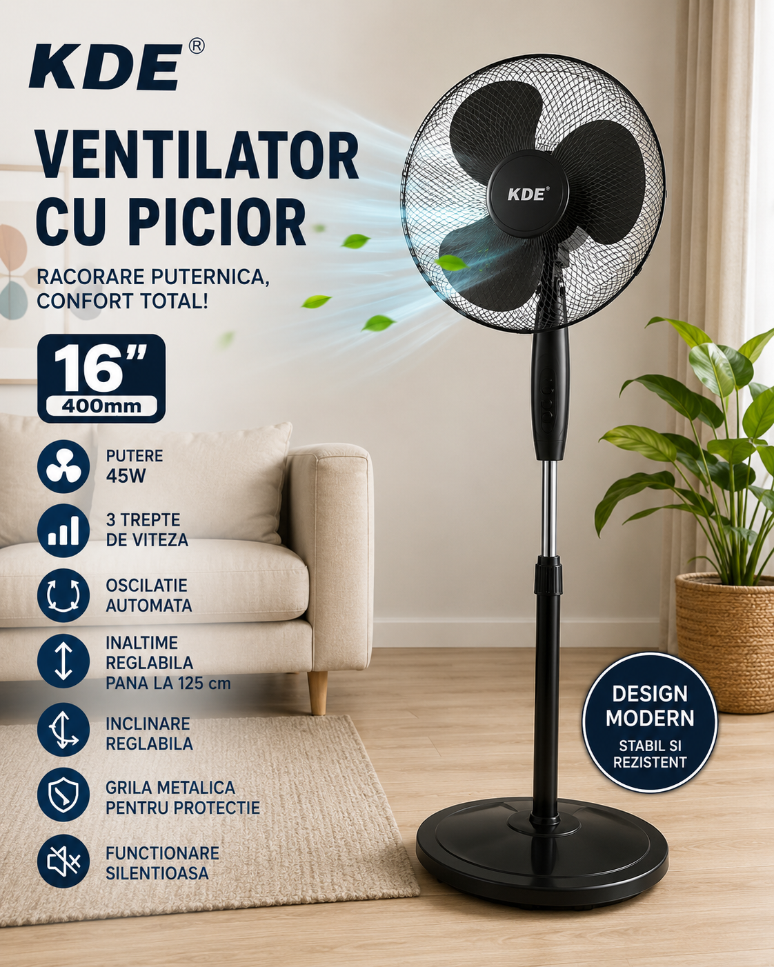 Ventilator cu Picior KDE 45W, 40 cm, 3 Viteze, Oscilant, Negru