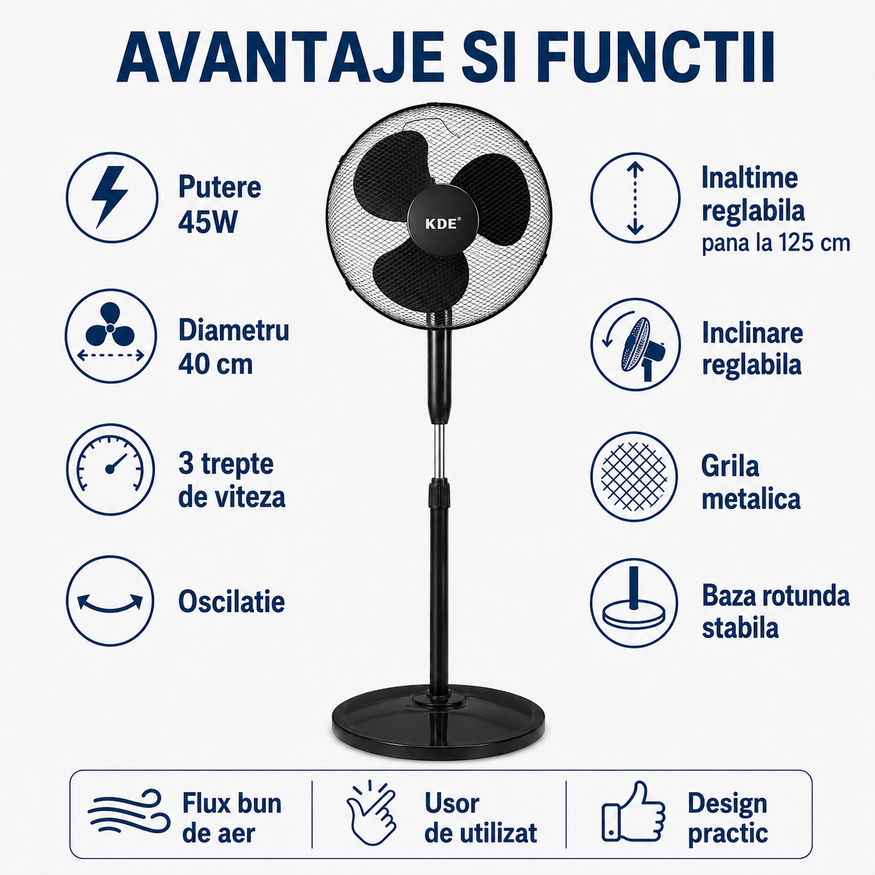Ventilator cu Picior KDE 45W, 40 cm, 3 Viteze, Oscilant, Negru