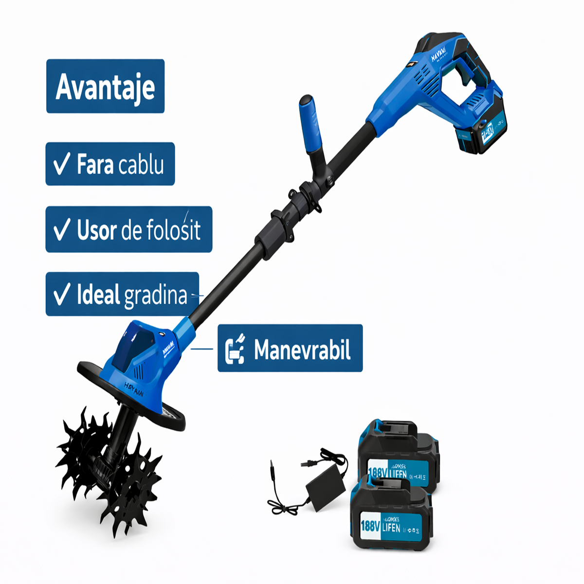 Motocultor Electric 188V cu 2 Baterii – Cultivator Gradina Fara Cablu, Usor si Eficient