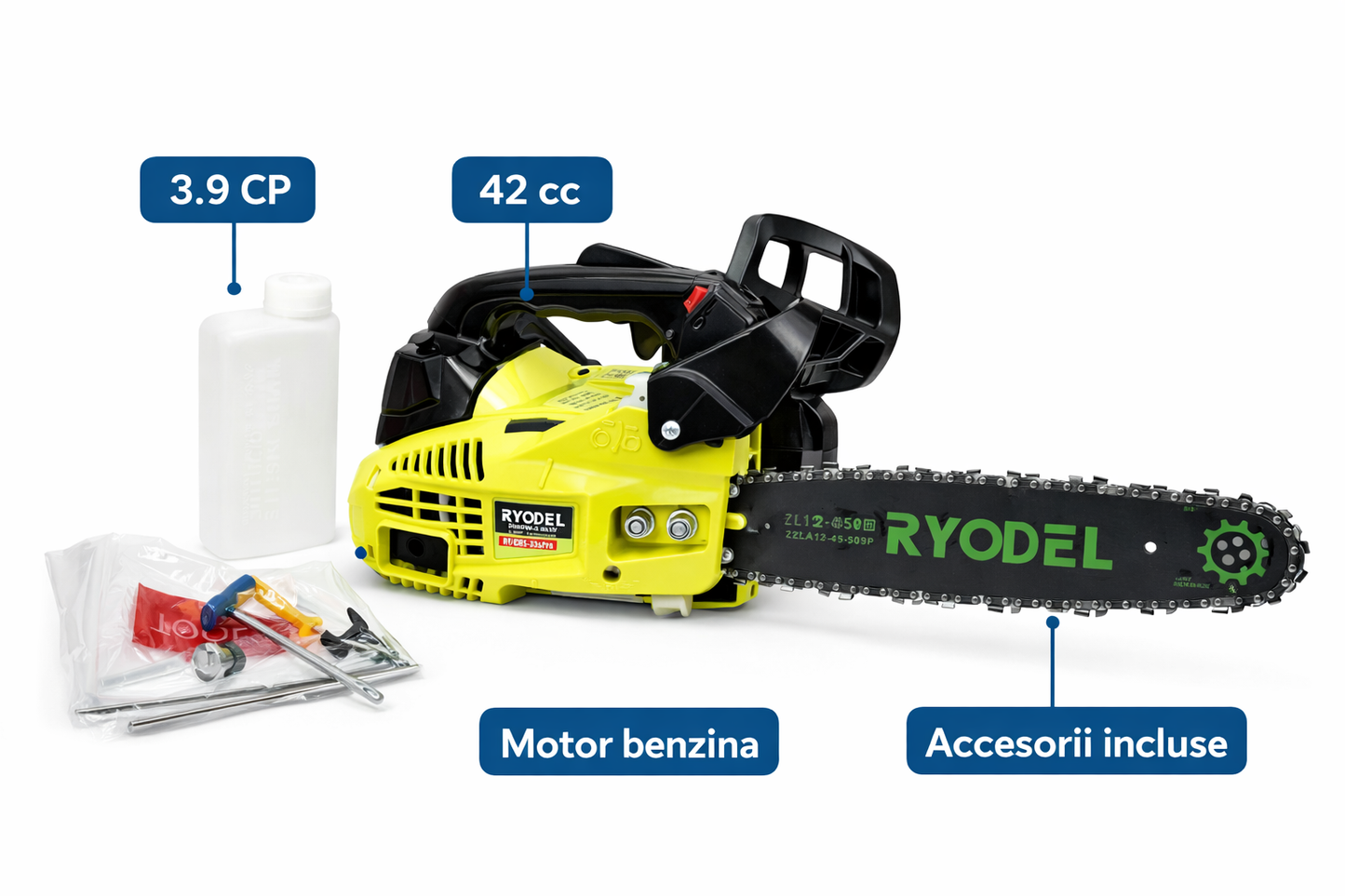 Drujba Benzina Ryodel 3.9CP, 42cc, Motoferastrau Compact pentru Taierea Lemnului