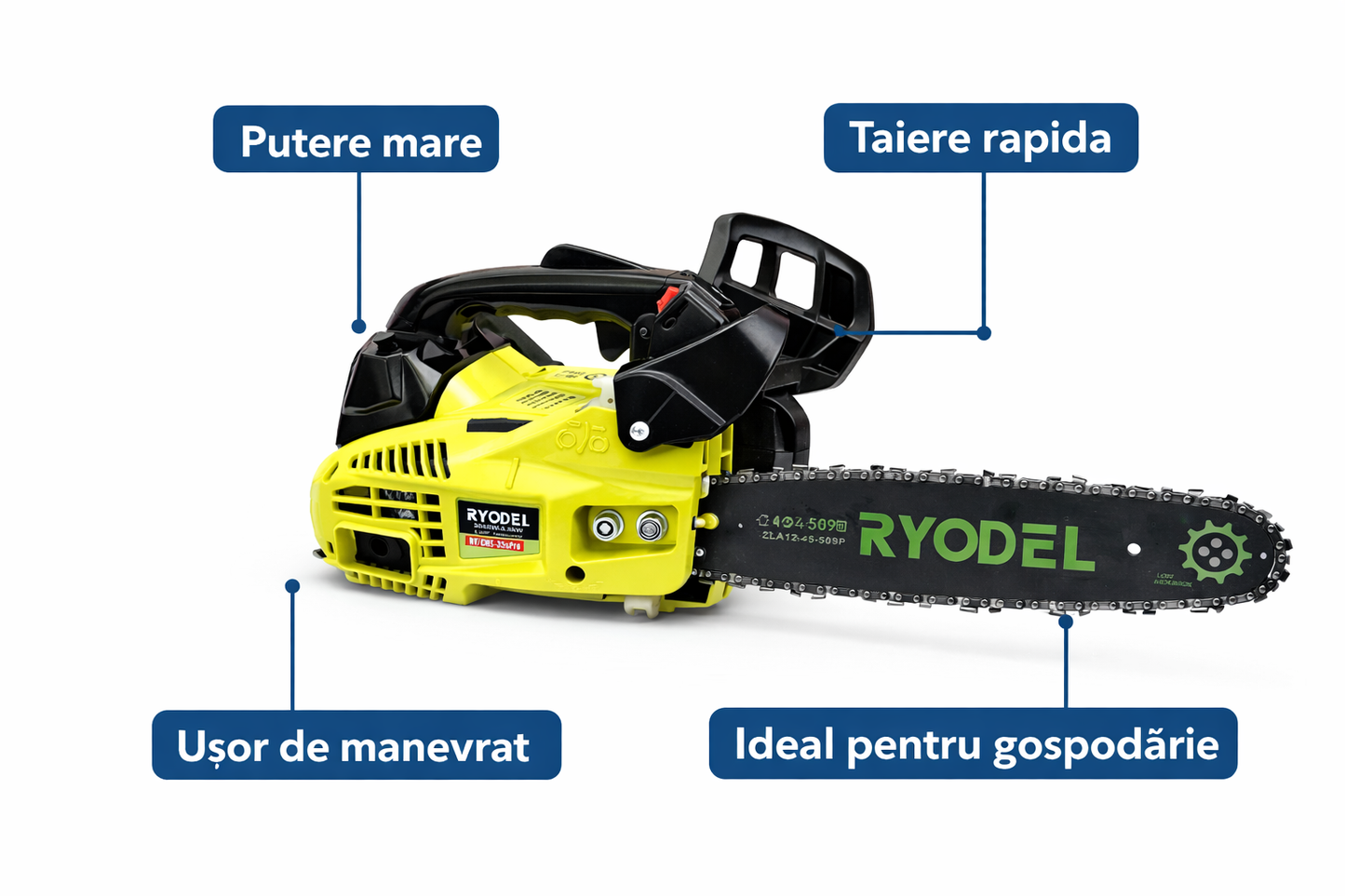 Drujba Benzina Ryodel 3.9CP, 42cc, Motoferastrau Compact pentru Taierea Lemnului