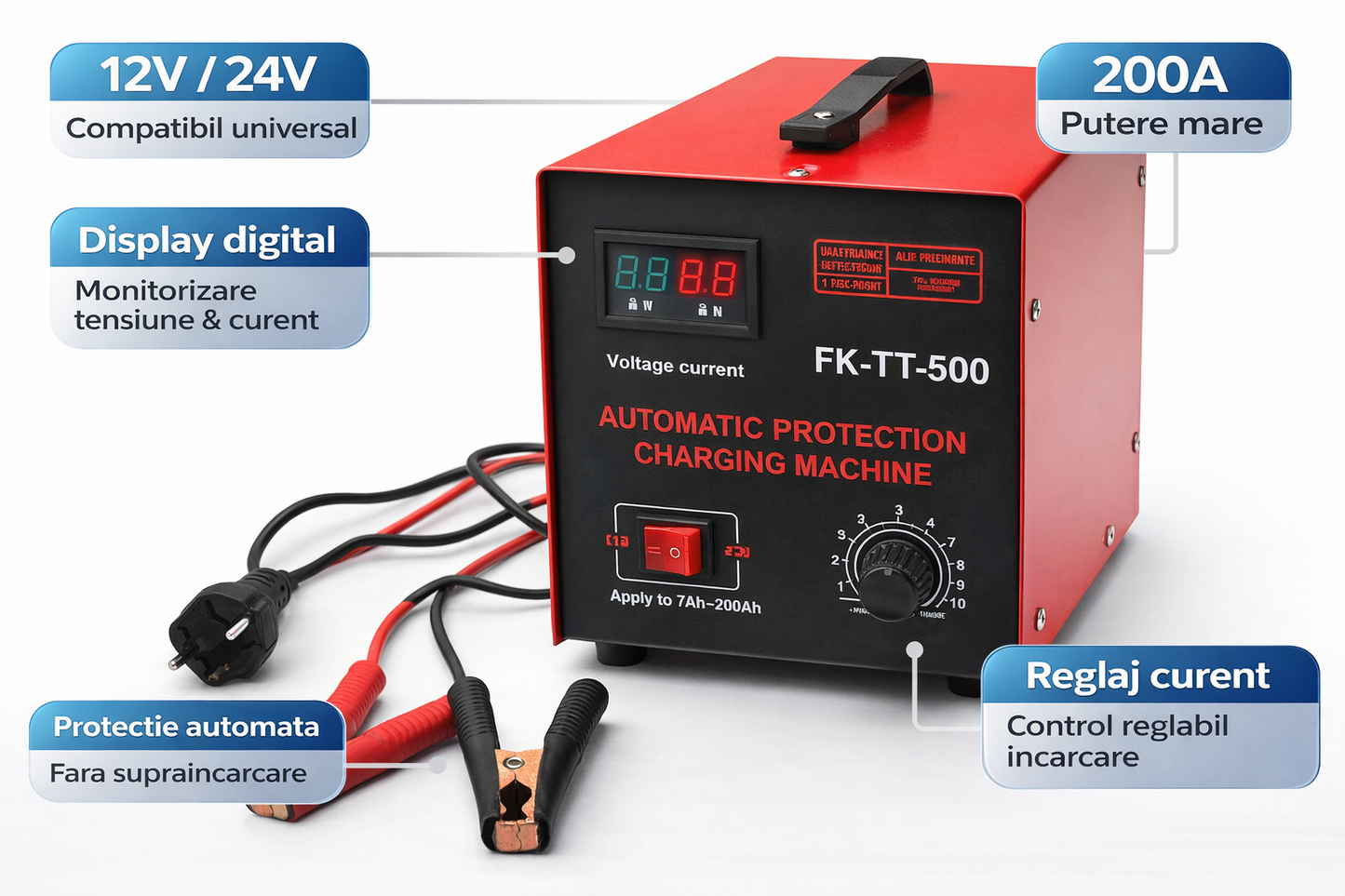 Redresor Auto 12V/24V 200A cu Display Digital, Incarcare Rapida