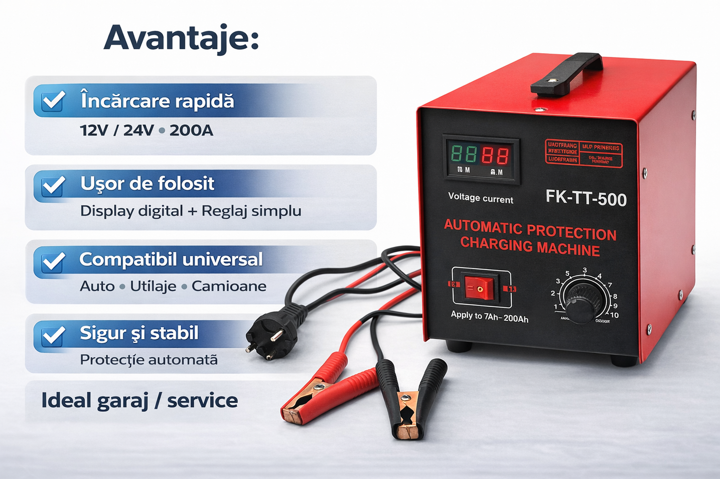 Redresor Auto 12V/24V 200A cu Display Digital, Incarcare Rapida