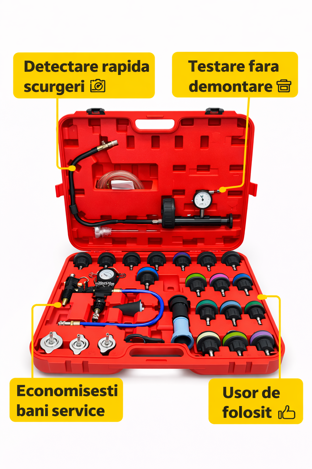 Set Profesional Testare Presiune Radiator 28 Piese, Tester Sistem Racire Auto