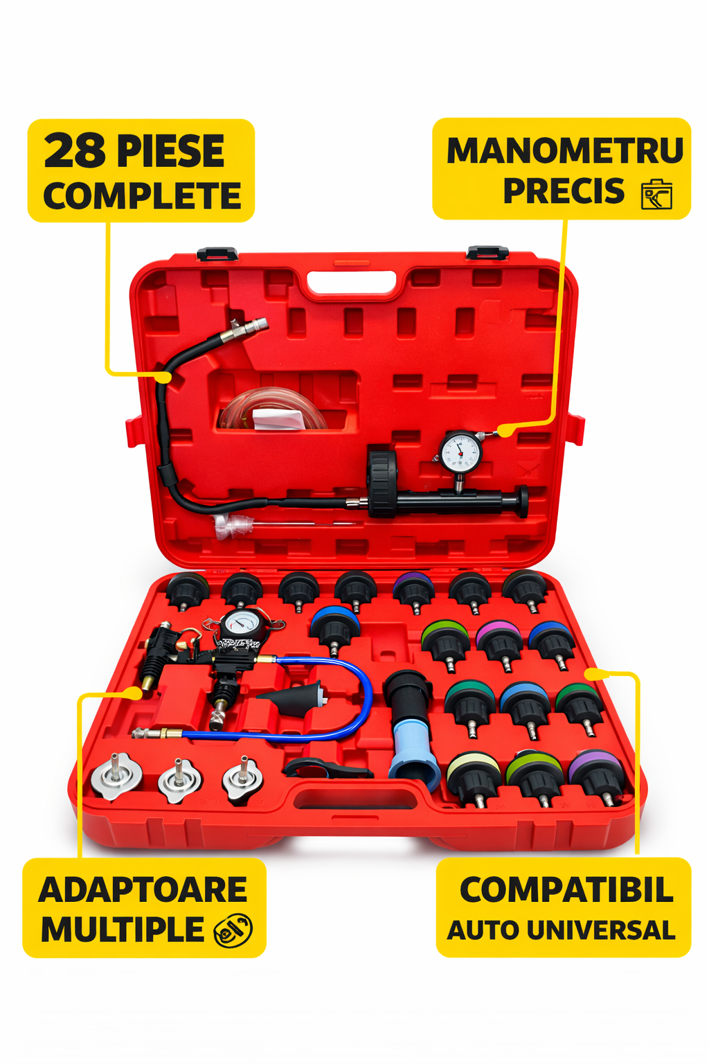 Set Profesional Testare Presiune Radiator 28 Piese, Tester Sistem Racire Auto