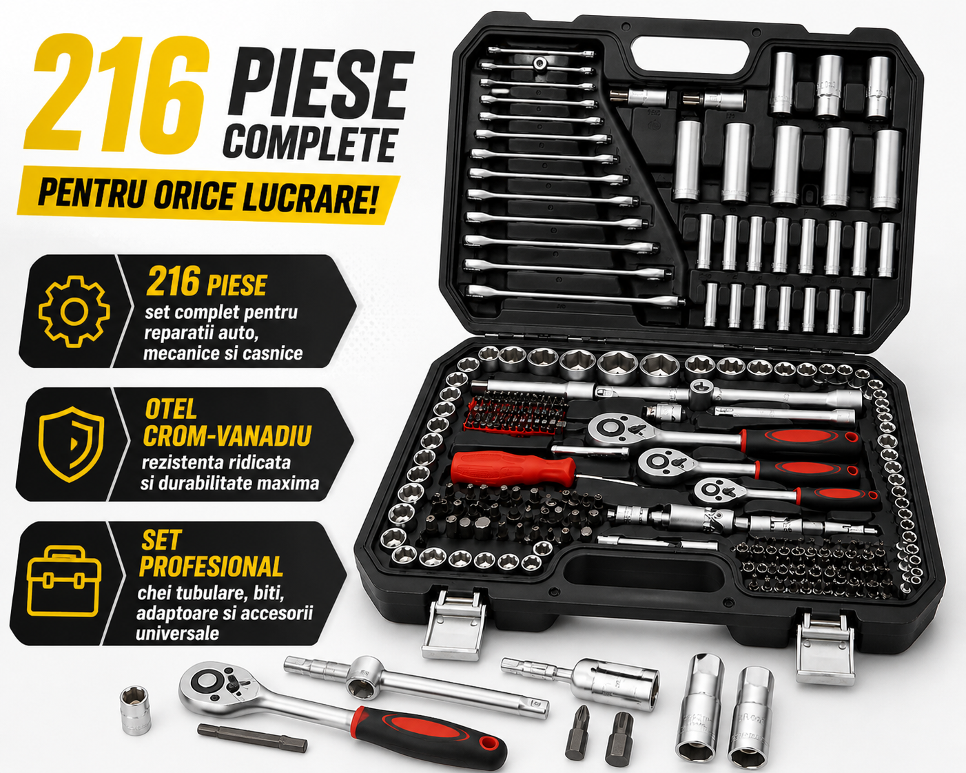 Trusa Chei Profesionala 216 Piese, Otel Crom Vanadiu, Set Complet pentru Auto si Mecanica