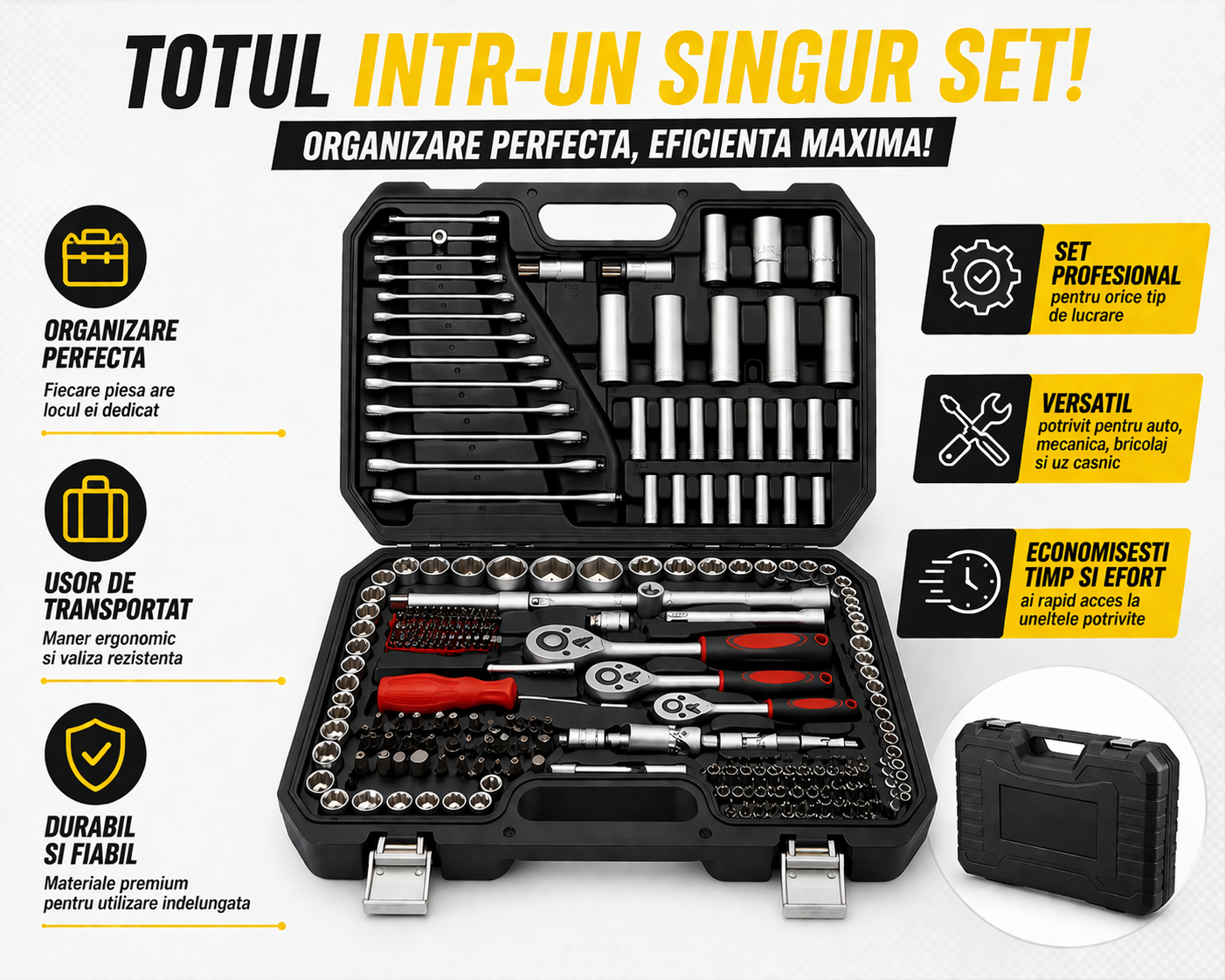 Trusa Chei Profesionala 216 Piese, Otel Crom Vanadiu, Set Complet pentru Auto si Mecanica