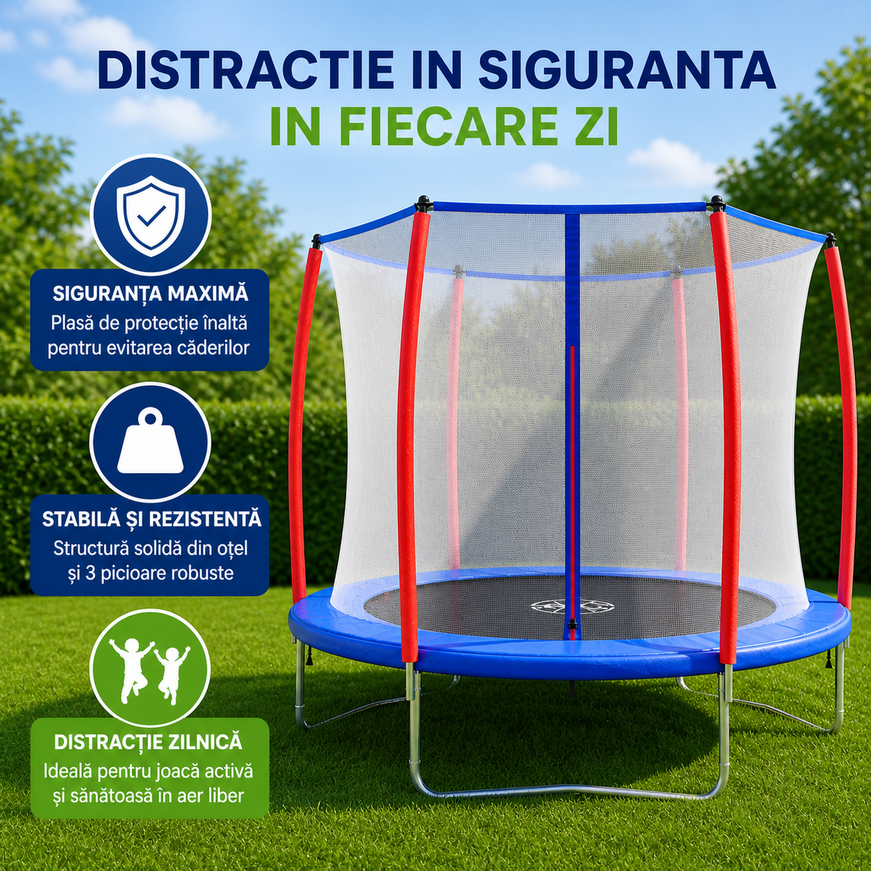 Trambulina copii 244 cm cu plasa siguranta, 110 kg, structura otel