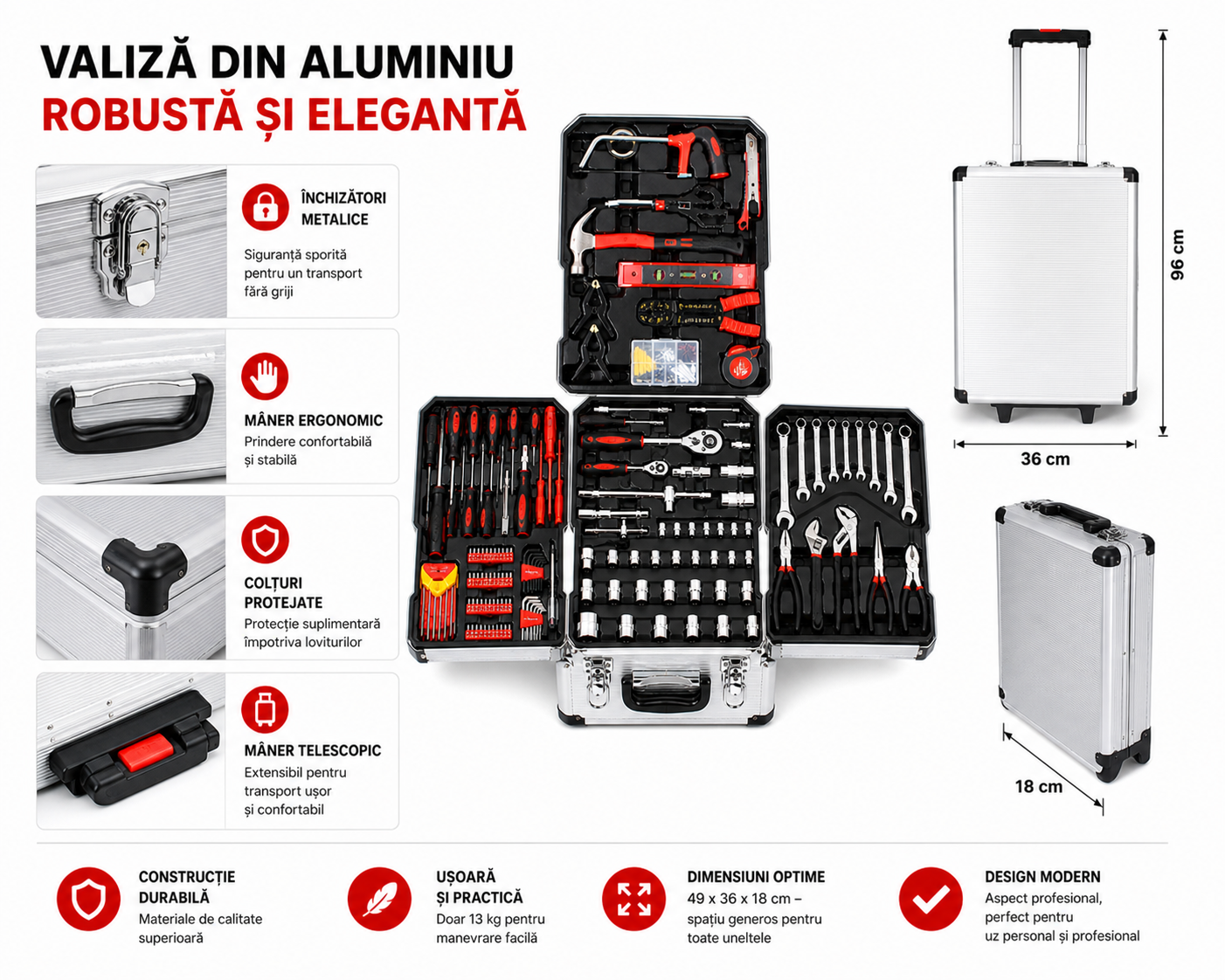 Trusa Scule Profesionala 419 Piese cu Valiza Aluminiu si Roti