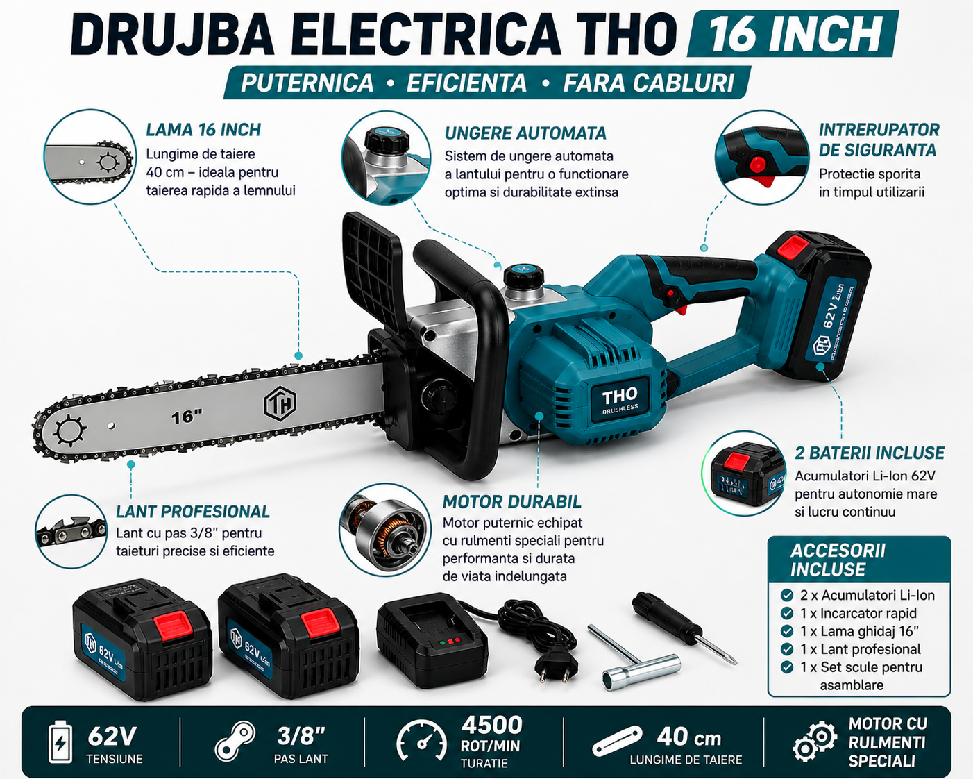 Drujba Electrica THO 16 Inch, 2 Acumulatori 62V, Ungere Automata