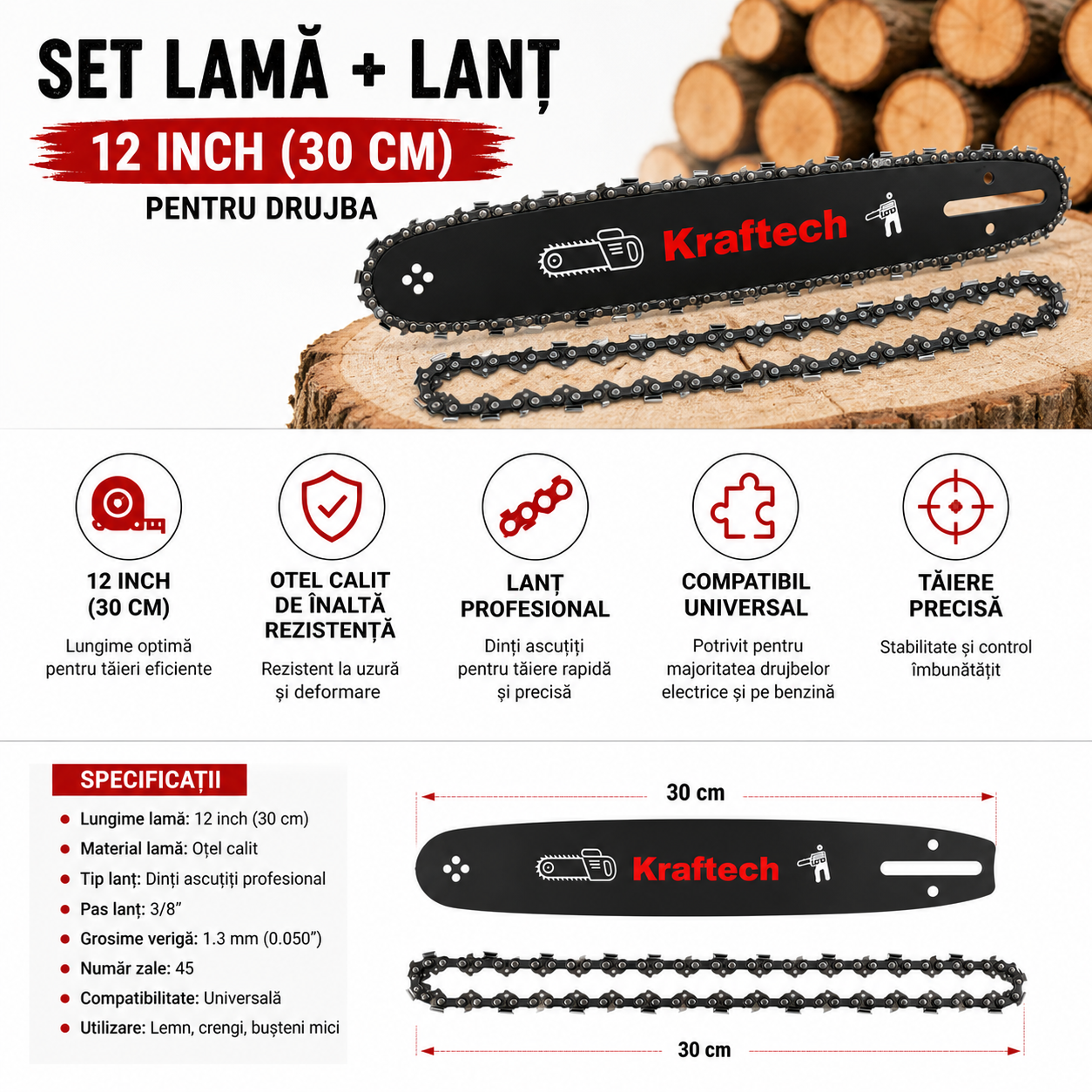 Lama + Lant Drujba 12 Inch (30 cm), Universal, Otel Calit
