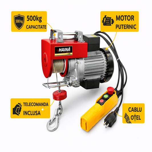 Palan Electric Haina 500kg, 2500W, Cablu 12m, Telecomanda cu Fir, Troliu Electric pentru Ridicare