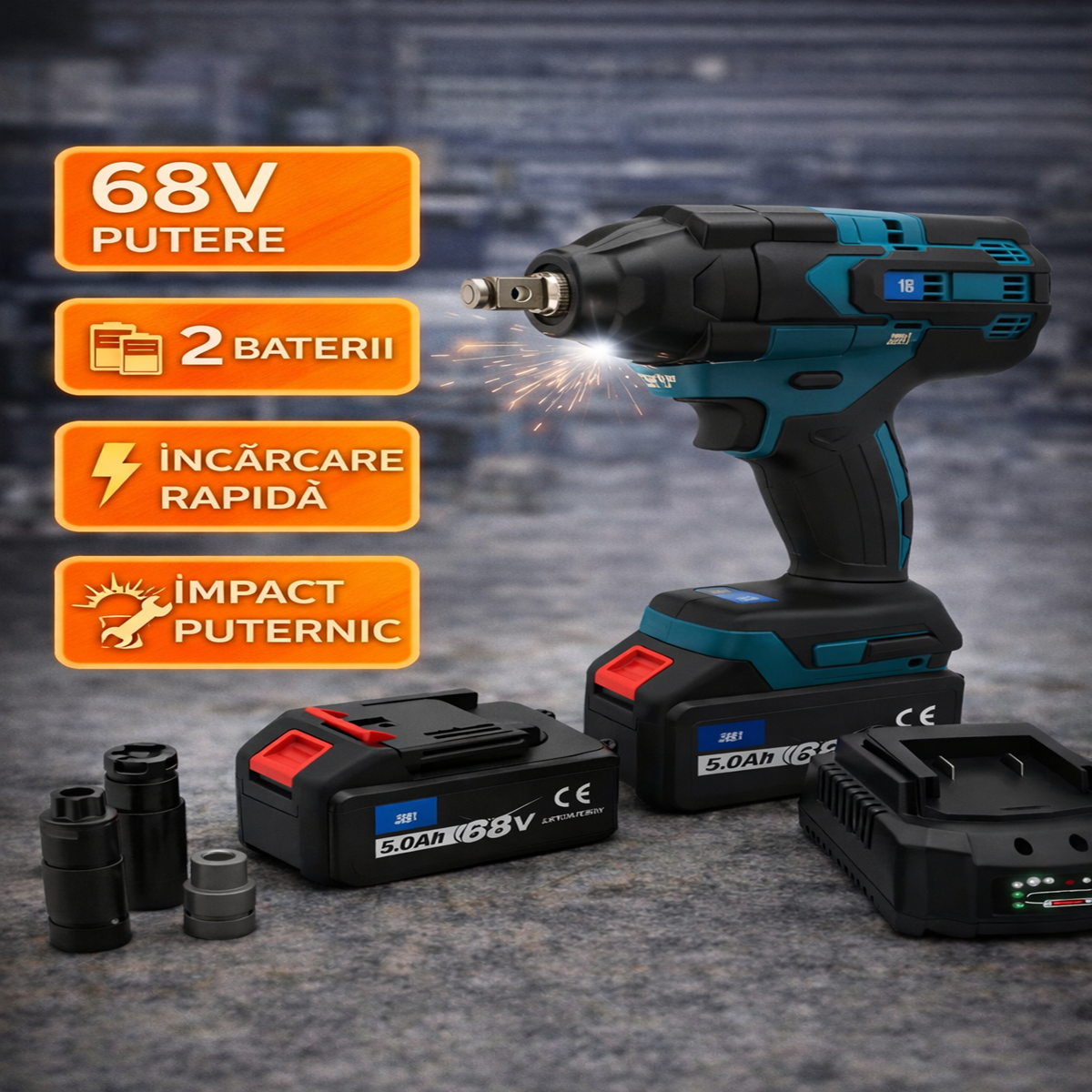 Cheie impact cu acumulator 68V, 2 baterii, fara fir, cuplu ridicat 600 NM